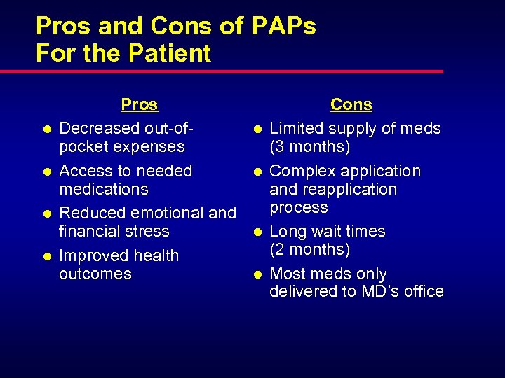 Pros and Cons of PAPs For the Patient l l Pros Decreased out-ofpocket expenses