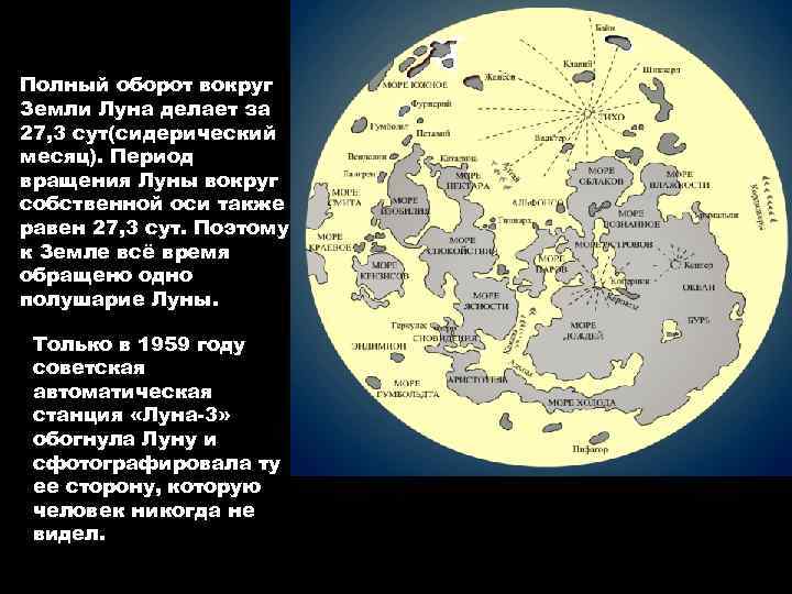 Полный оборот вокруг Земли Луна делает за 27, 3 сут(сидерический месяц). Период вращения Луны