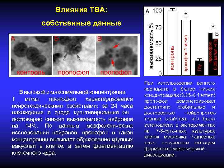 Влияние ТВА: собственные данные В высокой и максимальной концентрации 1 мг/мл пропофол характеризовался нейротоксическими