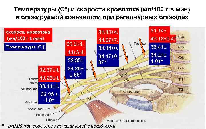 Температуры (С°) и скорости кровотока (мл/100 г в мин) в блокируемой конечности при регионарных