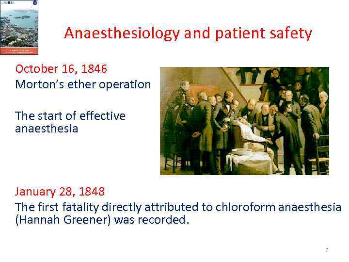 Anaesthesiology and patient safety October 16, 1846 Morton’s ether operation The start of effective