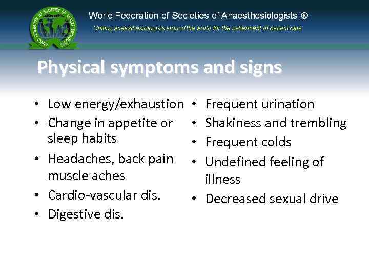 Physical symptoms and signs • Low energy/exhaustion • Change in appetite or sleep habits