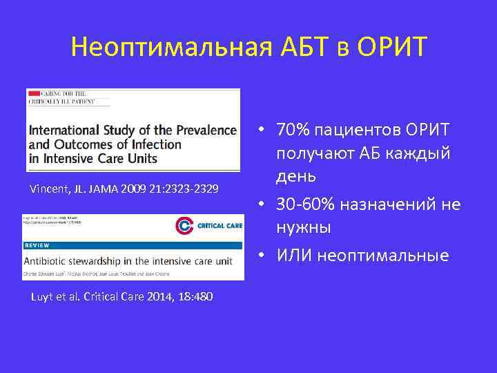 Неоптимальная АБТ в ОРИТ Vincent, JL. JAMA 2009 21: 2323 -2329 Luyt et al.