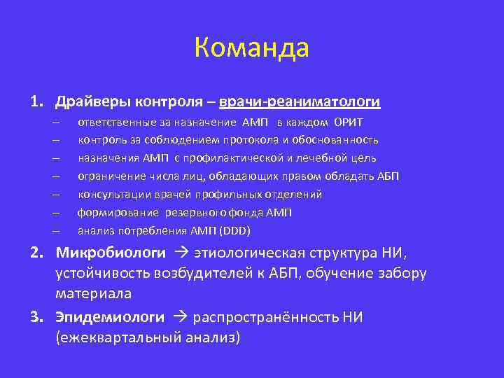Команда 1. Драйверы контроля – врачи-реаниматологи – – – – ответственные за назначение АМП