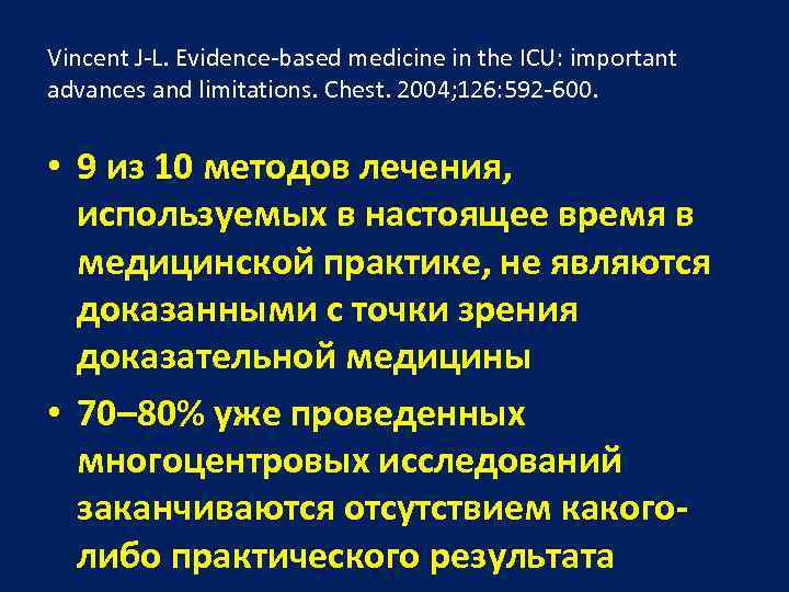Vincent J-L. Evidence-based medicine in the ICU: important advances and limitations. Chest. 2004; 126: