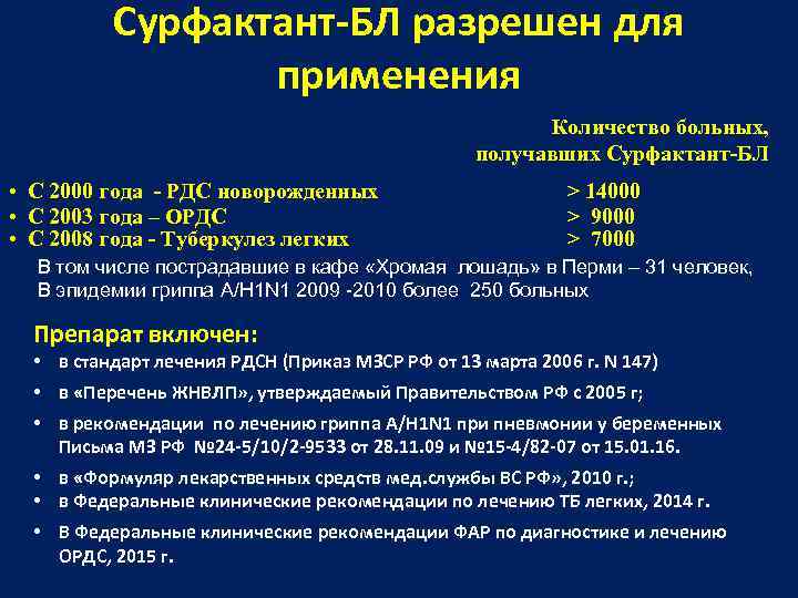 Сурфактант-БЛ разрешен для применения Количество больных, получавших Сурфактант-БЛ • С 2000 года - РДС