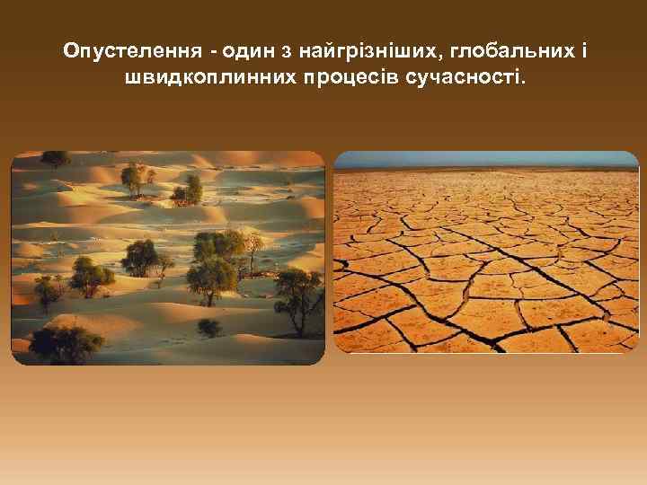 Опустелення - один з найгрізніших, глобальних і швидкоплинних процесів сучасності. 
