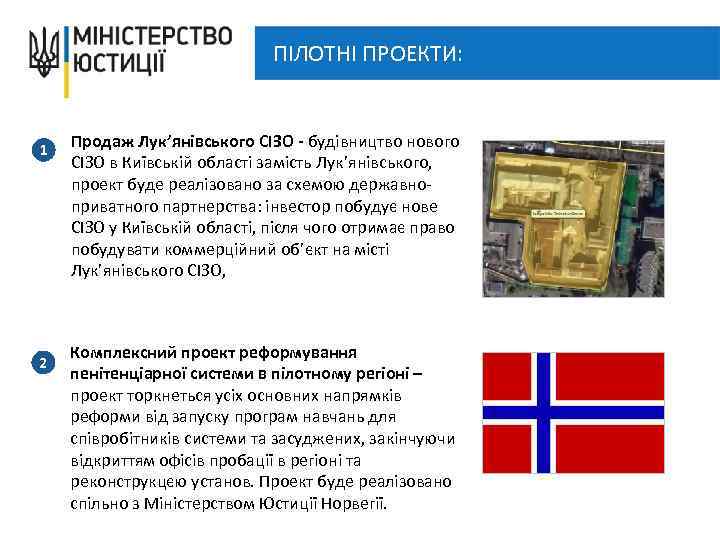 ПІЛОТНІ ПРОЕКТИ: 1 2 Продаж Лук’янівського СІЗО - будівництво нового СІЗО в Київській області