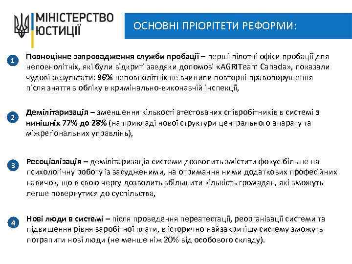 ОСНОВНІ ПРІОРІТЕТИ РЕФОРМИ: 1 2 3 4 Повноцінне запровадження служби пробації – перші пілотні