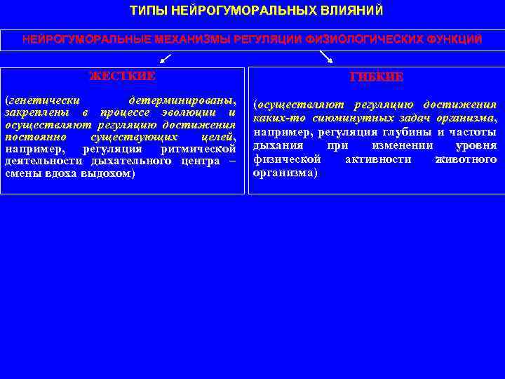 ТИПЫ НЕЙРОГУМОРАЛЬНЫХ ВЛИЯНИЙ НЕЙРОГУМОРАЛЬНЫЕ МЕХАНИЗМЫ РЕГУЛЯЦИИ ФИЗИОЛОГИЧЕСКИХ ФУНКЦИЙ ЖЕСТКИЕ ГИБКИЕ (генетически детерминированы, закреплены в