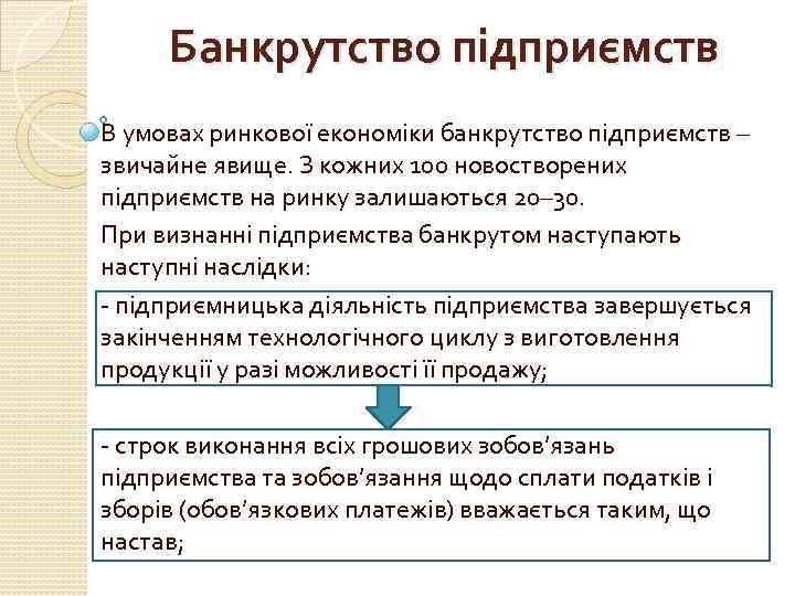 Банкрутство підприємств В умовах ринкової економіки банкрутство підприємств – звичайне явище. З кожних 100