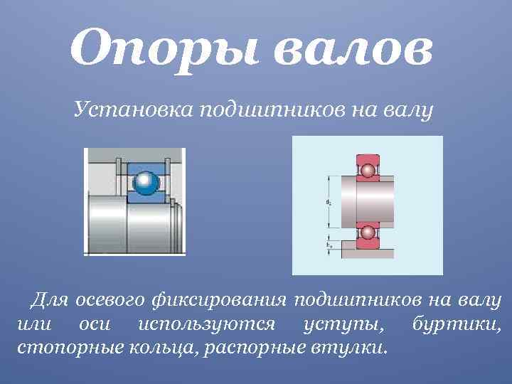 Опоры валов Установка подшипников на валу Для осевого фиксирования подшипников на валу или оси