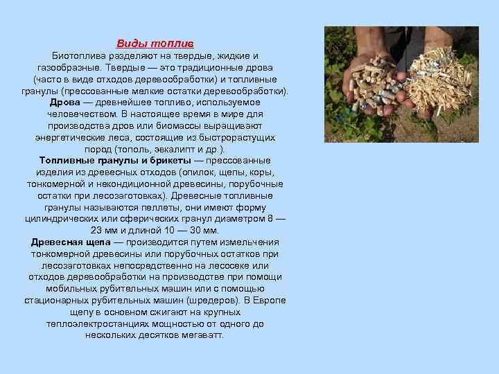 Виды топлив Биотоплива разделяют на твердые, жидкие и газообразные. Твердые — это традиционные дрова