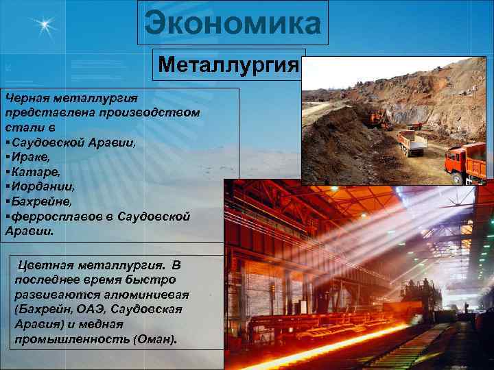 Экономика Металлургия Черная металлургия представлена производством стали в §Саудовской Аравии, §Ираке, §Катаре, §Иордании, §Бахрейне,