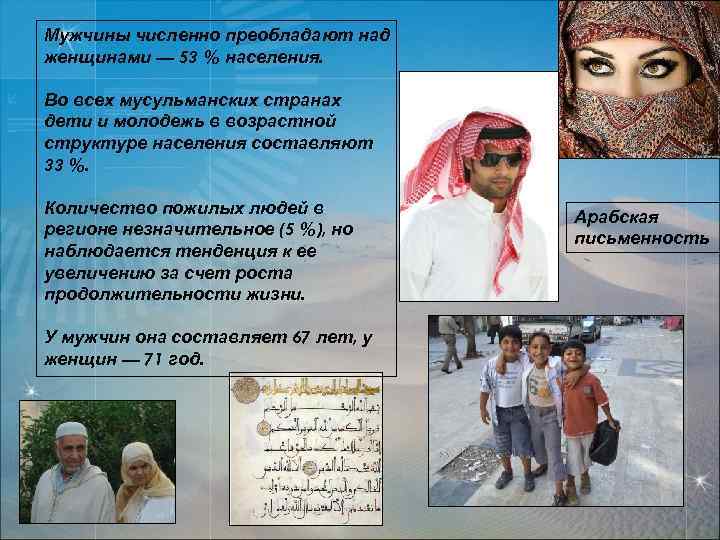 Мужчины численно преобладают над женщинами — 53 % населения. Во всех мусульманских странах дети