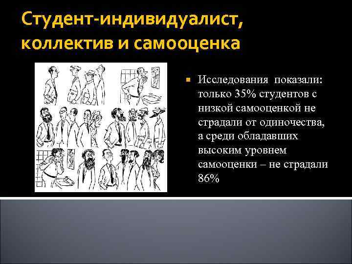 Студент-индивидуалист, коллектив и самооценка Исследования показали: только 35% студентов с низкой самооценкой не страдали