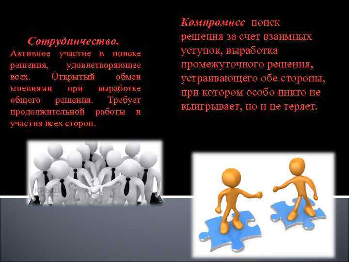 Сотрудничество. Активное участие в поиске решения, удовлетворяющее всех. Открытый обмен мнениями при выработке общего