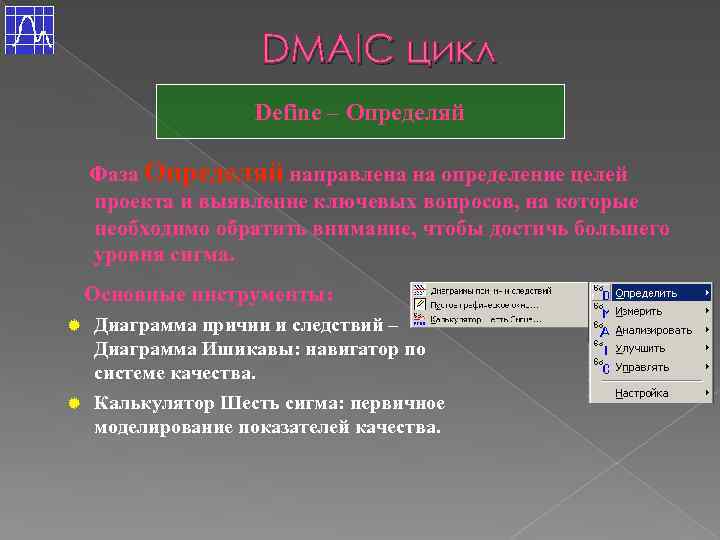 DMAIC цикл Define – Определяй Фаза Определяй направлена на определение целей проекта и выявление