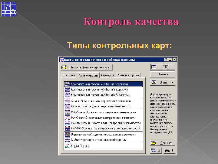 Контроль качества Типы контрольных карт: 