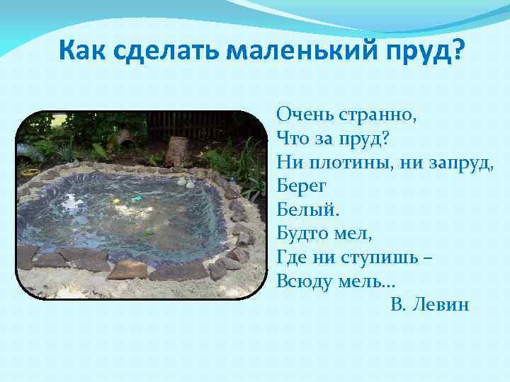 Как сделать маленький пруд? Очень странно, Что за пруд? Ни плотины, ни запруд, Берег