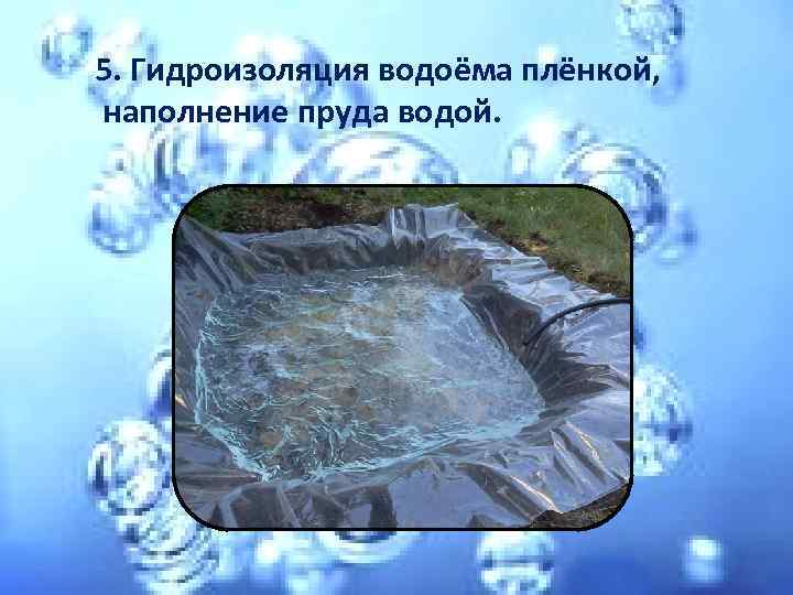 5. Гидроизоляция водоёма плёнкой, наполнение пруда водой. 