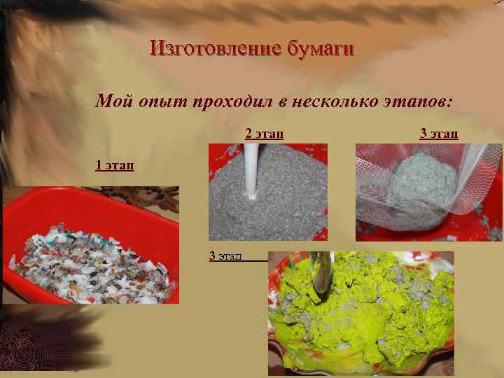 Изготовление бумаги Мой опыт проходил в несколько этапов: 2 этап 1 этап 3 этап
