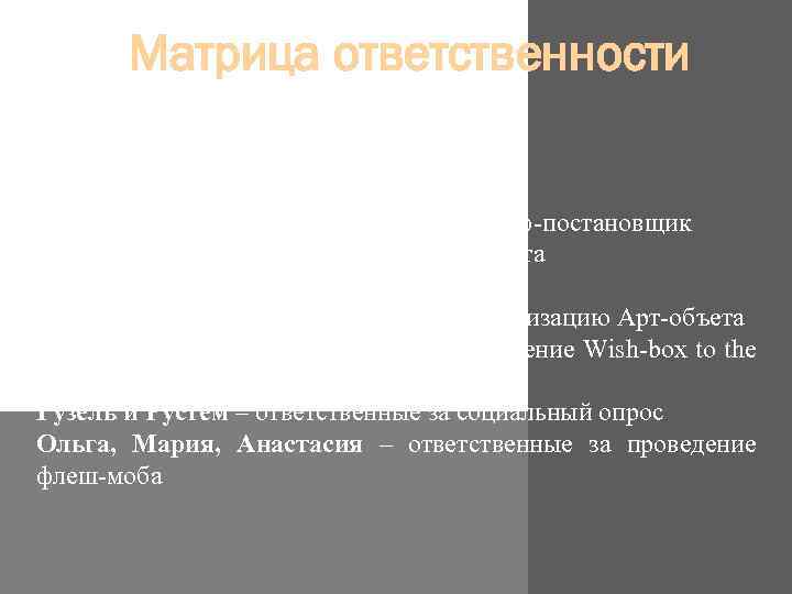 Матрица ответственности Игорь – техническая поддержка, хореограф-постановщик Данила – служба безопасности Арт -объекта Екатерина