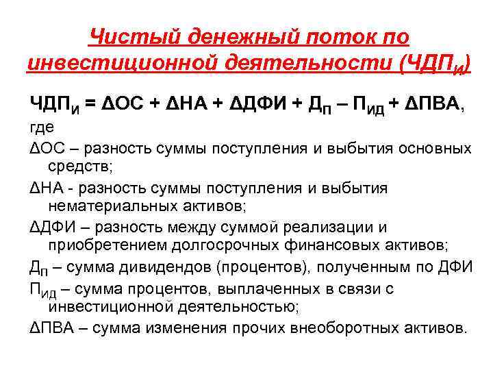 Чистый денежный поток по инвестиционной деятельности (ЧДПИ) ЧДПИ = ΔОС + ΔНА + ΔДФИ