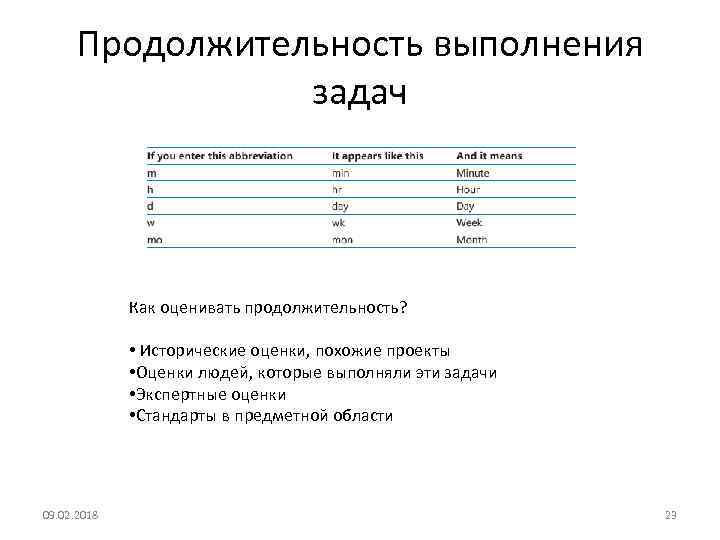 Продолжительность выполнения задач Как оценивать продолжительность? • Исторические оценки, похожие проекты • Оценки людей,