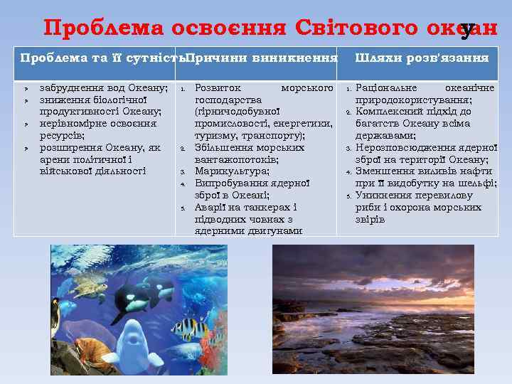 Проблема освоєння Світового океан у Проблема та її сутність. Причини виникнення Ø Ø забруднення