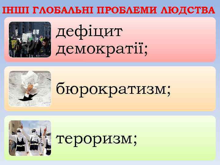 ІНШІ ГЛОБАЛЬНІ ПРОБЛЕМИ ЛЮДСТВА дефіцит демократії; бюрократизм; тероризм; 