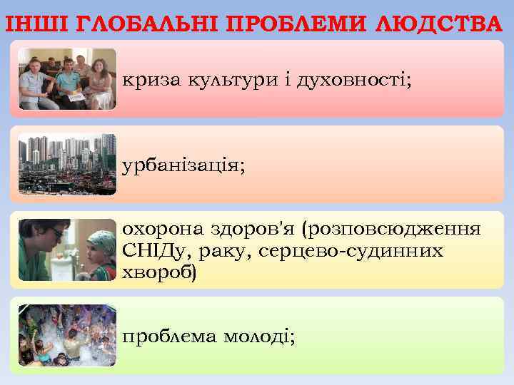 ІНШІ ГЛОБАЛЬНІ ПРОБЛЕМИ ЛЮДСТВА криза культури і духовності; урбанізація; охорона здоров'я (розповсюдження СНІДу, раку,