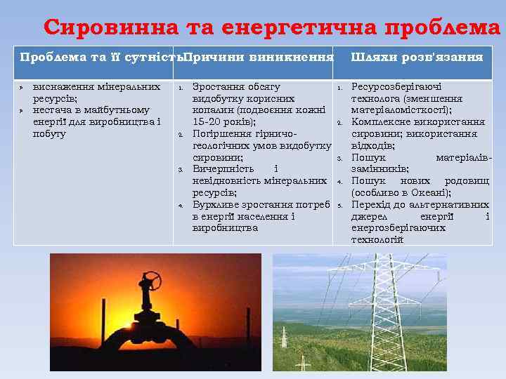 Сировинна та енергетична проблема Проблема та її сутність. Причини виникнення Ø Ø виснаження мінеральних