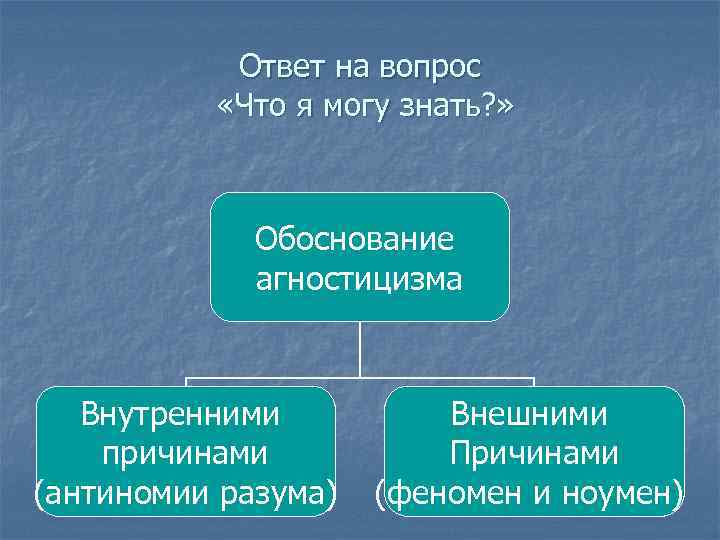 Ответ на вопрос «Что я могу знать? » Обоснование агностицизма Внутренними причинами (антиномии разума)
