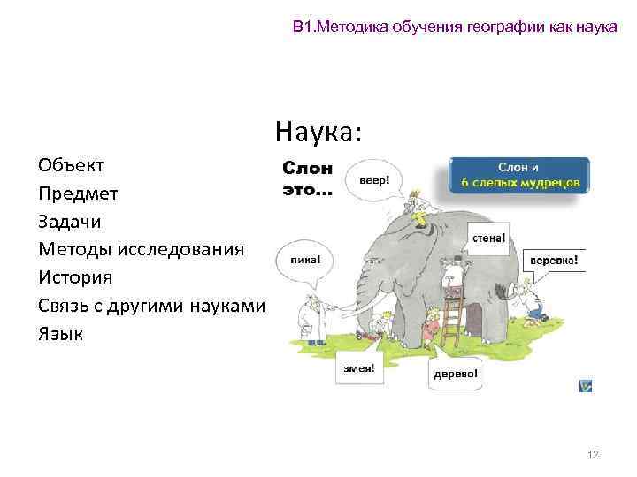 В 1. Методика обучения географии как наука Наука: Объект Предмет Задачи Методы исследования История