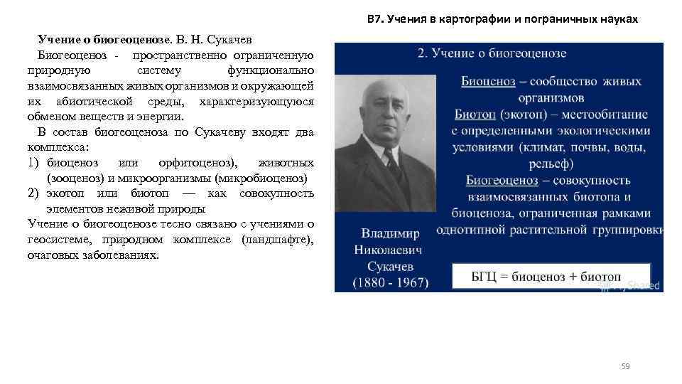 В 7. Учения в картографии и пограничных науках Учение о биогеоценозе. В. Н. Сукачев