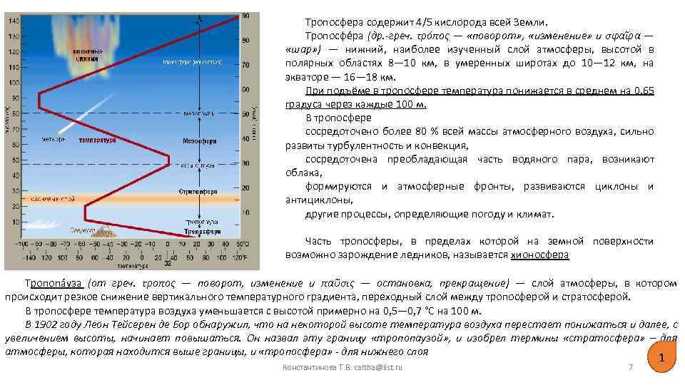 Тропосфера содержит 4/5 кислорода всей Земли. Тропосфе ра (др. греч. τρόπος — «поворот» ,