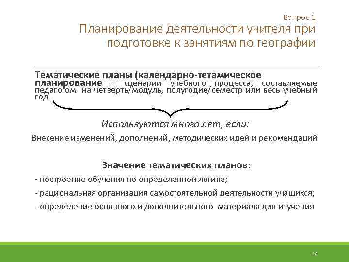 Вопрос 1 Планирование деятельности учителя при подготовке к занятиям по географии Тематические планы (календарно-тетамическое