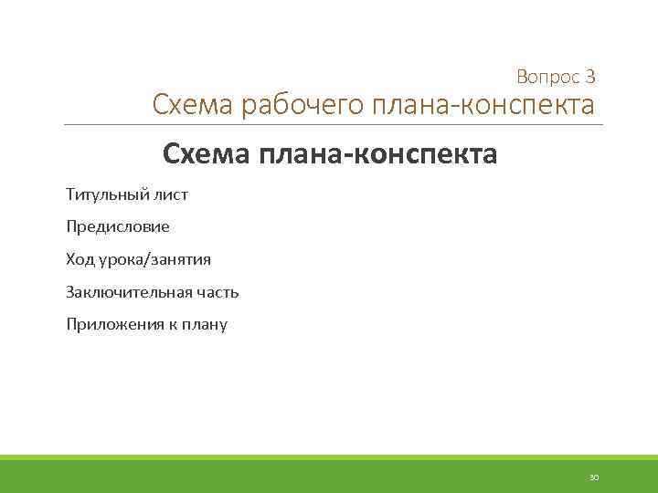 Вопрос 3 Схема рабочего плана-конспекта Схема плана-конспекта Титульный лист Предисловие Ход урока/занятия Заключительная часть