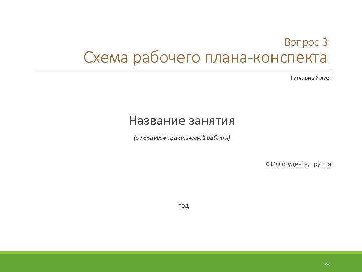 Вопрос 3 Схема рабочего плана-конспекта Титульный лист Название занятия (с указанием практической работы) ФИО