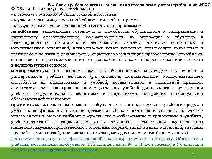 В-4 Схема рабочего плана-конспекта по географии с учетом требований ФГОС - собой совокупность требований: