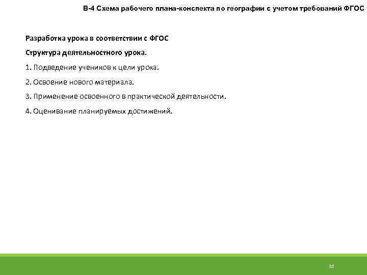 В-4 Схема рабочего плана-конспекта по географии с учетом требований ФГОС Разработка урока в соответствии