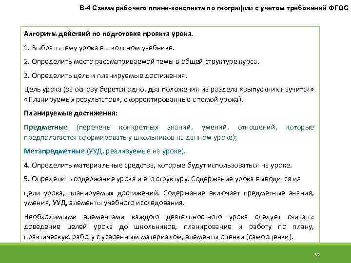 В-4 Схема рабочего плана-конспекта по географии с учетом требований ФГОС Алгоритм действий по подготовке