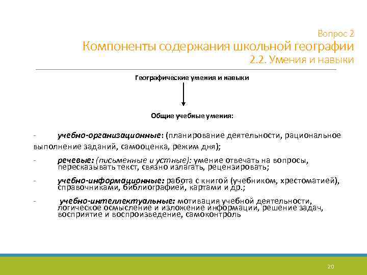 Вопрос 2 Компоненты содержания школьной географии 2. 2. Умения и навыки Географические умения и