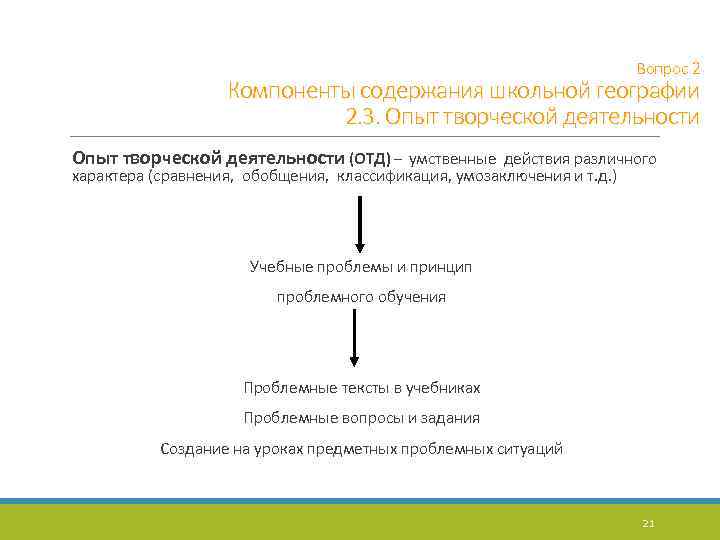 Вопрос 2 Компоненты содержания школьной географии 2. 3. Опыт творческой деятельности (ОТД) – умственные