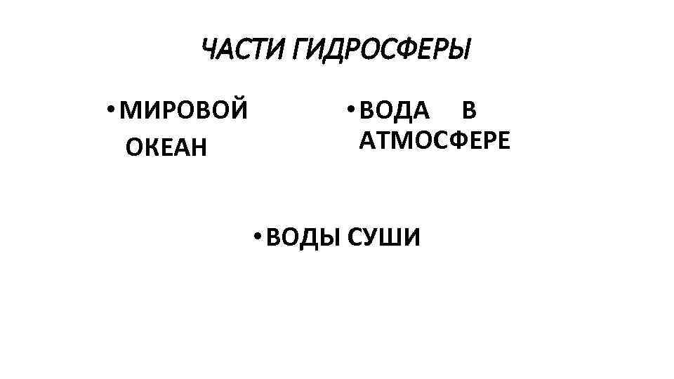 ЧАСТИ ГИДРОСФЕРЫ • МИРОВОЙ ОКЕАН • ВОДА В АТМОСФЕРЕ • ВОДЫ СУШИ 