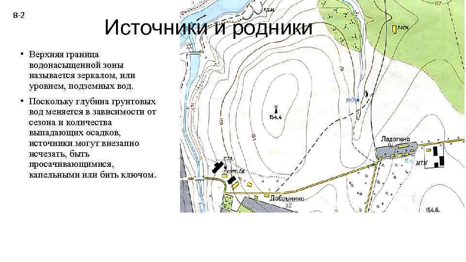 В-2 Источники и родники • Верхняя граница водонасыщенной зоны называется зеркалом, или уровнем, подземных