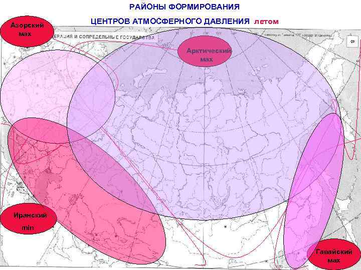 РАЙОНЫ ФОРМИРОВАНИЯ Азорский мах ЦЕНТРОВ АТМОСФЕРНОГО ДАВЛЕНИЯ летом Арктический мах Иранский min Гавайский мах