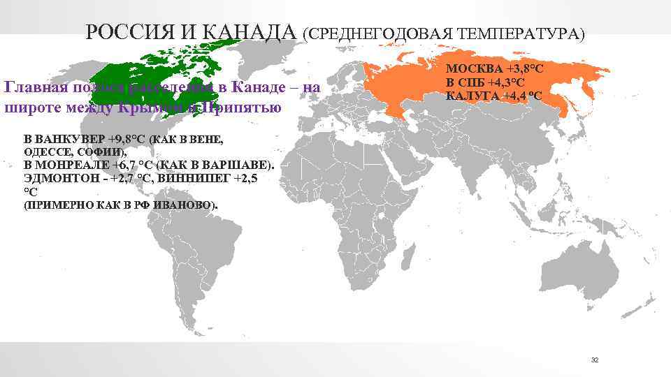 РОССИЯ И КАНАДА (СРЕДНЕГОДОВАЯ ТЕМПЕРАТУРА) Главная полоса расселения в Канаде – на широте между