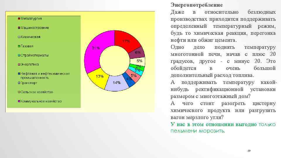 Энергопотребление Даже в относительно безлюдных производствах приходится поддерживать определенный температурный режим, будь то химическая